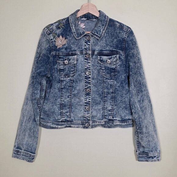 Suko Jeans Denim Jacket Women L Blue Acid Wash Floral Embroidery Stretch Y2K - Picture 15 of 16